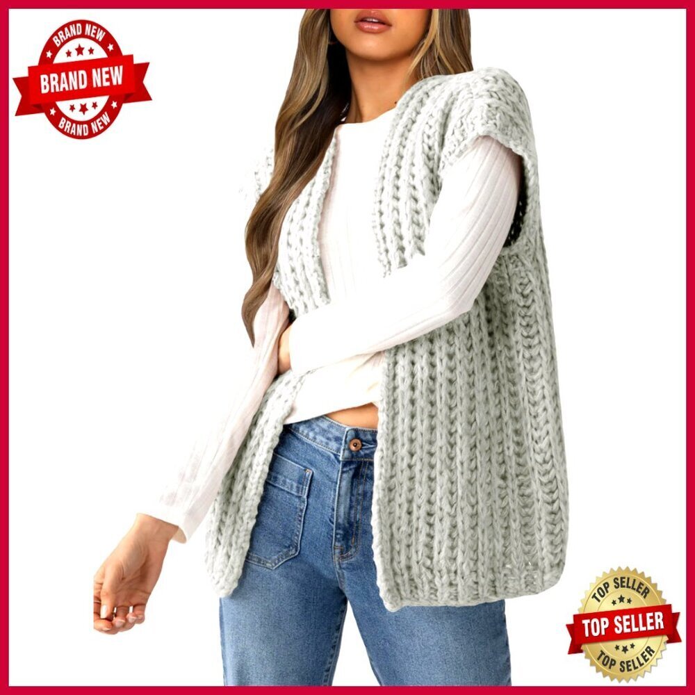 Chunky Knit Long Sweater Vest Open Front Cardigan Sleeveless Top
